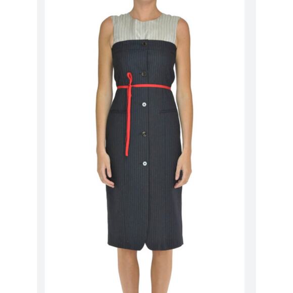 Erika Cavallini Sheath Shirt Dress 8 Pinstriped Button Front Midi Navy Wool New - Picture 2 of 12